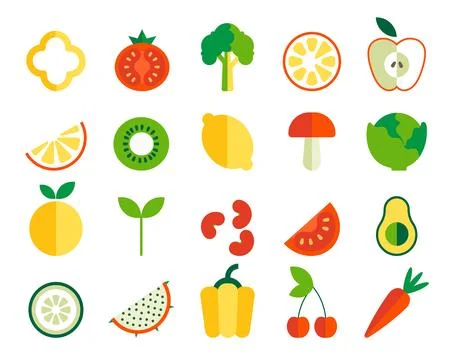 Fruits and vegetables. Simple geometric icons. Whole and half fresh apple, .. Stock Illustration