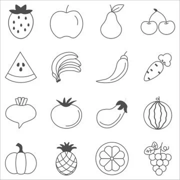 Fruits and vegetables sketch vector in black doodle on white background Stock Illustration