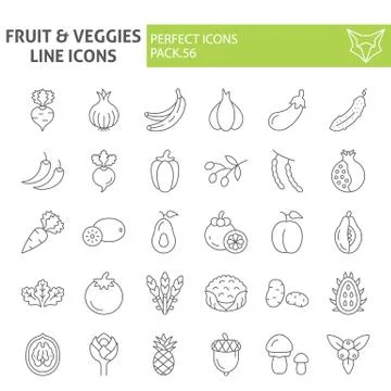 Fruits and vegetables thin line icon set, food symbols collection, vector Stock Illustration