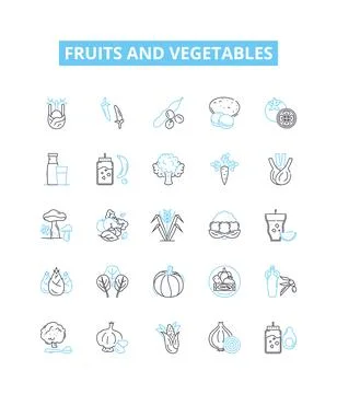 Fruits and vegetables vector line icons set. Fruit, Vegetable, Apple, Orange Stock Illustration