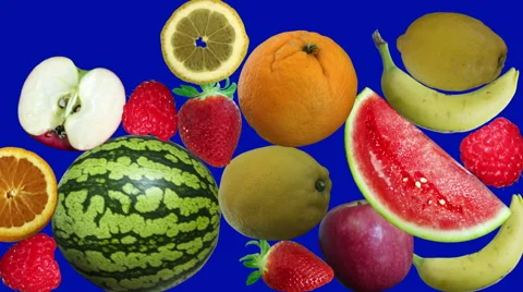 Fruits appearing on background blue screen Stock Footage 64099731