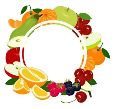Fruits background frame. Assorted colorful fruits arranged in a circle on the Stock Illustration