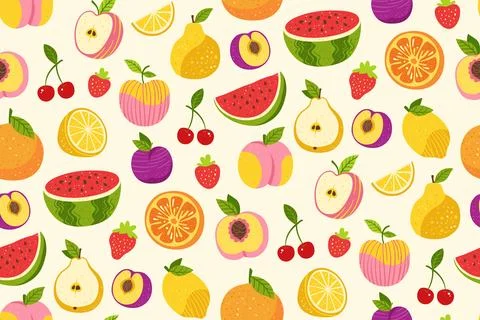 Fruits berries cartoon seamless pattern sliced orange apple pear watermelon Stock Illustration