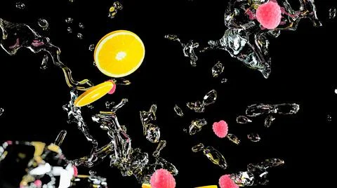 Fruits on black background with water splash. 3d rendering Stock Illustration