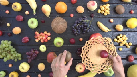 Fruits on black ecological background. Top view. Stock Footage 98857768