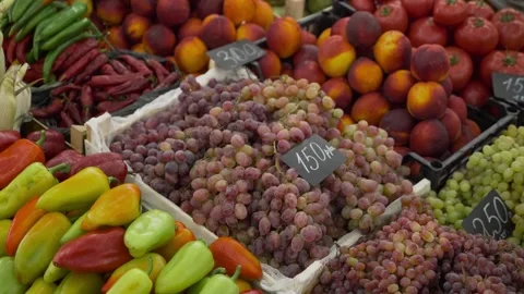 Fruits in boxes are on the counter of the store Stock Footage 278322256