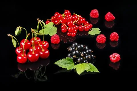 Fruits of cherry, raspberry, black currant and red currant on a dark background. 스톡 사진