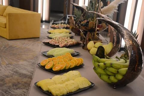 Fruits on coffee break table Stock Photos