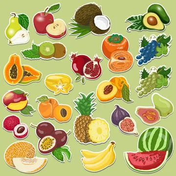 Fruits collection on tags Stock Illustration