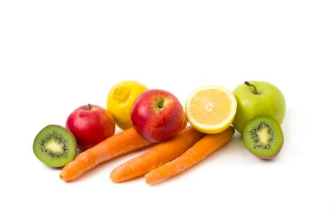 Fruits in a composition on a white background. Lemon with apples and kiwi on Stock-Fotos