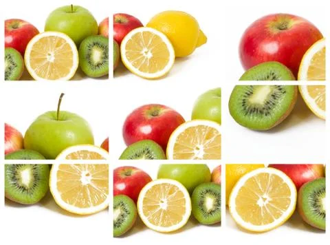 Fruits in a composition on a white background. Lemon with apples and kiwi on Stock Photos