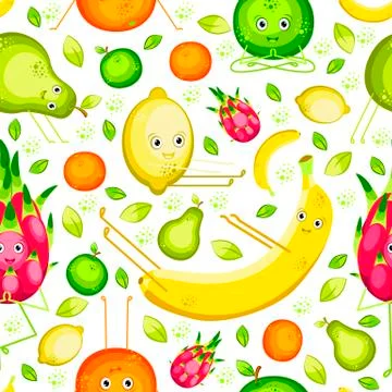 Fruits do yoga. Seamless pattern. Banana, lemon, orange, apple, pear, pitahay Stock Illustration