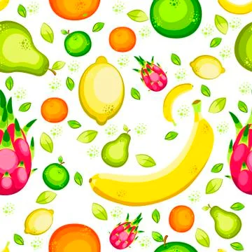 Fruits do yoga. Seamless pattern. Banana, lemon, orange, apple, pear, pitahay Stock Illustration