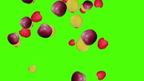 Fruits falling animation chroma key element loop, apples, lemons and raspberry Stock Footage 126919534