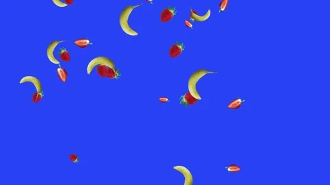 Fruits falling animation chroma key element loop, bananas and strawberry Stock Footage 126923147