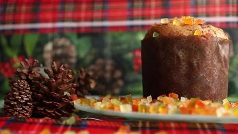 Fruits falling on a panettone Stock Footage 230466271