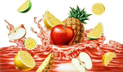 Fruits falling into a reddish liquid juice splashing. Stock Illustration