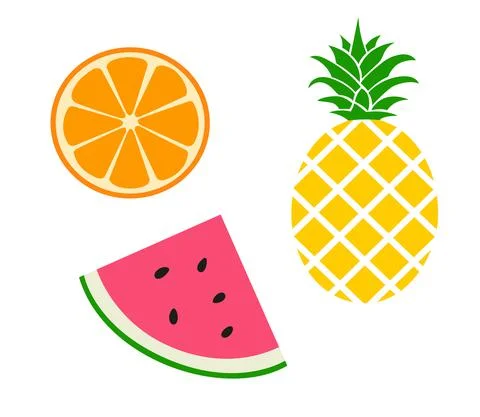 Fruits flat icons. Vector piece of watermelon, pineapple and orange slice Stock Illustration