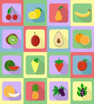 Fruits flat set icons with the shadow vector illustration Stock Illustration