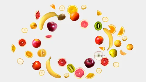 Fruits fly in different directions from the center. Fruit blast. Alpha channel Stock Footage 87761435