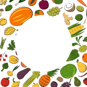 Fruits frame set. Vector flat illustration. Vegetarian concept Stock Illustration