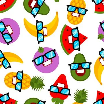 Fruits with glasses pattern seamless. Fruit cool background. Watermelon and b Stock Illustration
