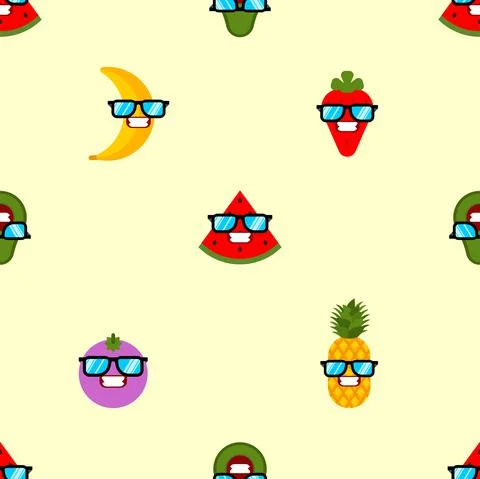 Fruits with glasses pattern seamless. Fruit cool background. Watermelon and b Stock Illustration