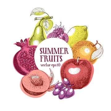 Fruits hand drawn vector frame. Banner template. Retro engraved style background Stock Illustration
