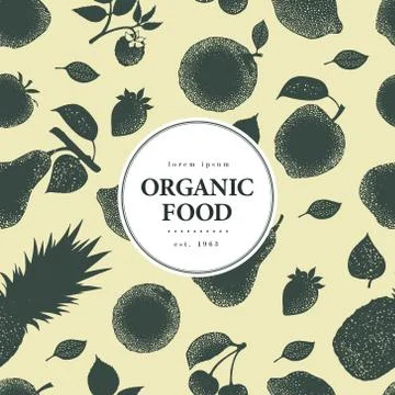 Fruits hand drawn vector seamless pattern. Banner template. Retro engraved style Stock Illustration