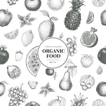Fruits hand drawn vector seamless pattern. Banner template. Retro engraved style Stock Illustration