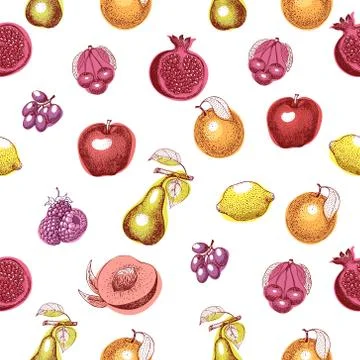 Fruits hand drawn vector seamless pattern. Retro engraved style background. Can Stock-Illustration
