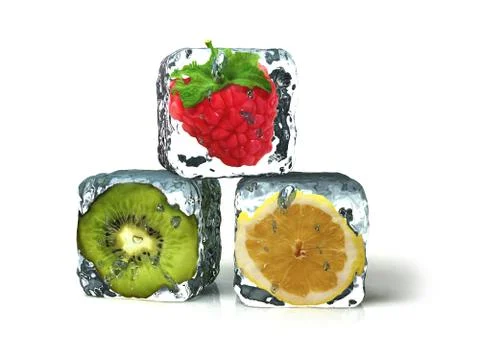 Fruits in ice cubes isolated in white background イラスト素材
