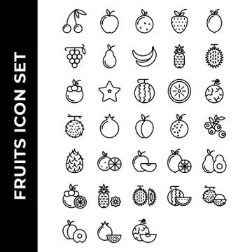 Fruits icon set include apple, orange, strawberry, lemon, grape, avocado, ban Ilustração Stock
