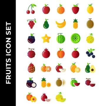 Fruits icon set include apple, orange, strawberry, lemon, grape, avocado, ban Ilustração Stock