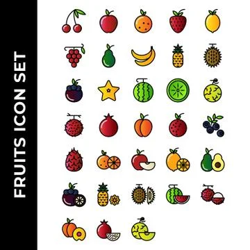 Fruits icon set include apple, orange, strawberry, lemon, grape, avocado, ban Ilustração Stock