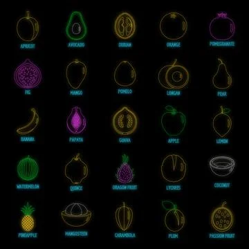 Fruits icons set vector neon Stock Illustration