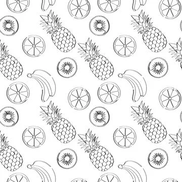 Fruits. Line art, seamless pattern. Stock Illustration