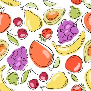 Fruits line doodle style pattern. Seamless pattern with hand drawn fruits and Illustrazione stock