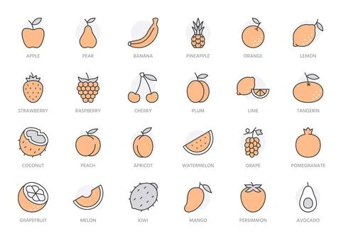 Fruits line icon set. Coconut, peach, pineapple, melon, pomegranate, mango, lime Stock Illustration