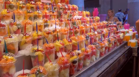 Fruits in the market La Boqueria in Barcelona Stock Footage