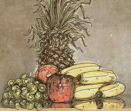 Fruits on old paper background. Hand drawn illustration. Vintage style. Illustrazione stock