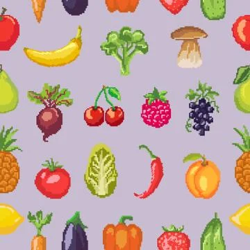 Fruits pixel vegetables vector healthy nutrition of fruity apple banana and イラスト素材