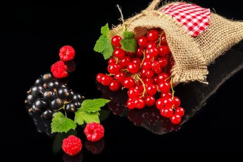 Fruits of raspberry, black currant and red currant on a dark background. 库存照片