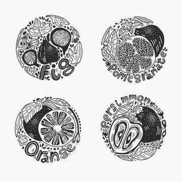 Fruits in Round Set 1 BW Stock Illustration