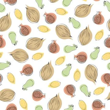Fruits seamless pattern background design. Hand drawn coconut, lemon, pears and Stock Illustration