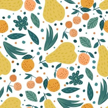 Fruits seamless pattern. Cherry berries, apples, pears and leaves Illustrazione stock