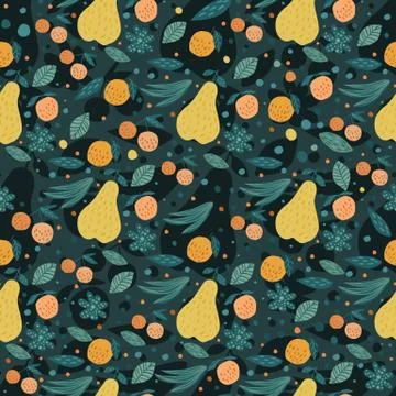 Fruits seamless pattern. Cherry berries, apples, pears and leaves hand drawn  Illustrazione stock