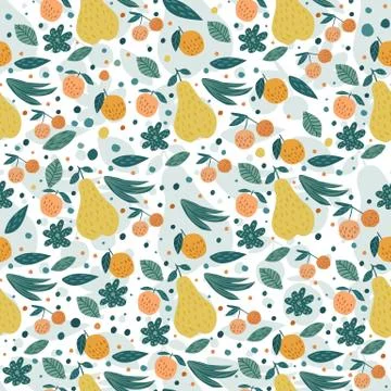 Fruits seamless pattern. Cherry berries, apples, pears and leaves Stock Illustration
