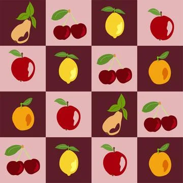 Fruits seamless pattern on a chessboard background Stock Illustration