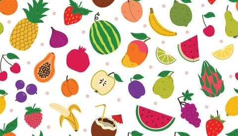 Fruits seamless pattern with different summer fruits and berries. Watermelo.. Stock Illustration